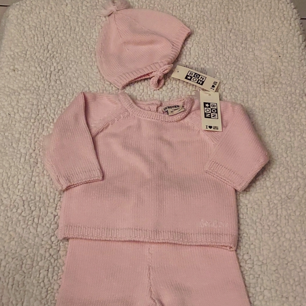 Bonton 3 pc pink knit sweater set with bonnet